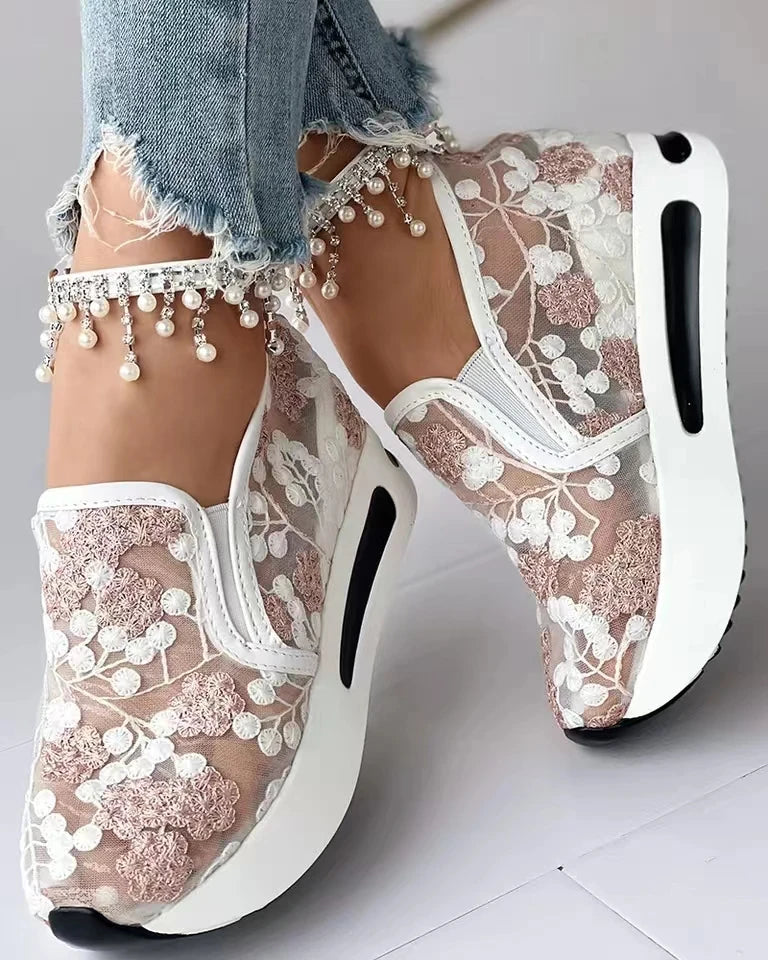 Tênis femininos com bordado floral, tênis de malha para mulheres, sapatos casuais e confortáveis de salto alto