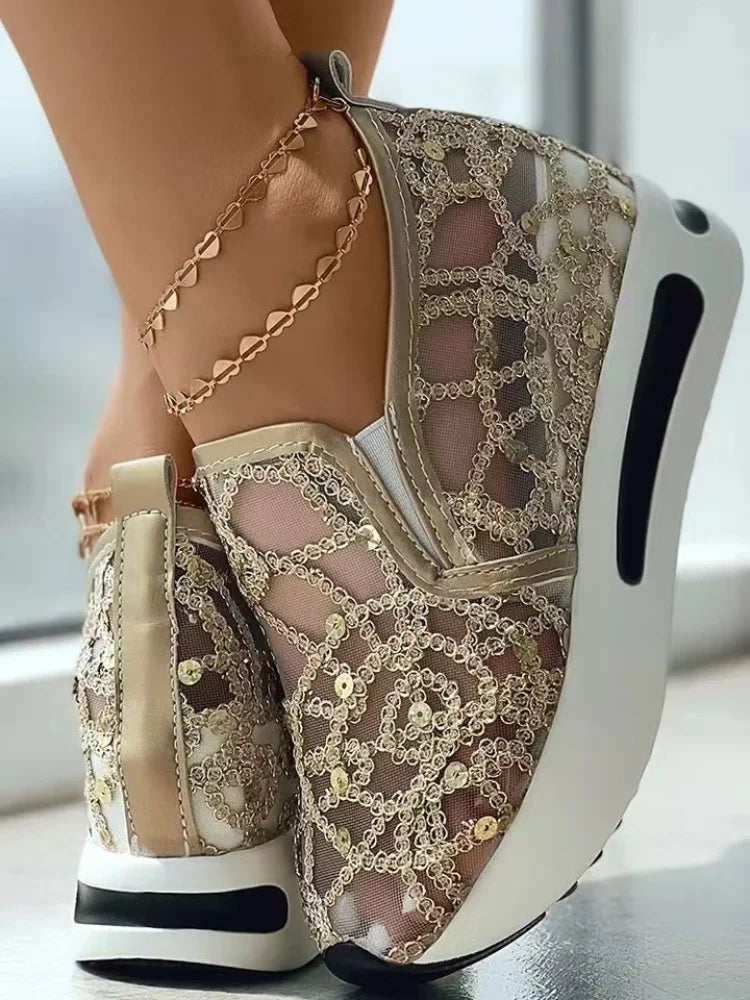 Tênis femininos com bordado floral, tênis de malha para mulheres, sapatos casuais e confortáveis de salto alto