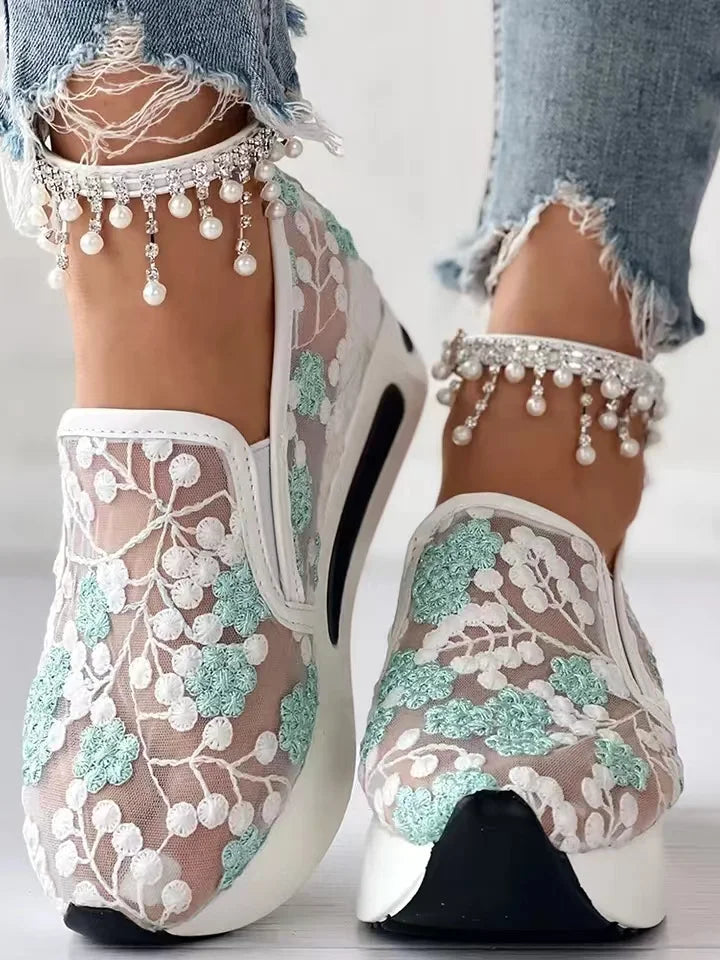 Tênis femininos com bordado floral, tênis de malha para mulheres, sapatos casuais e confortáveis de salto alto